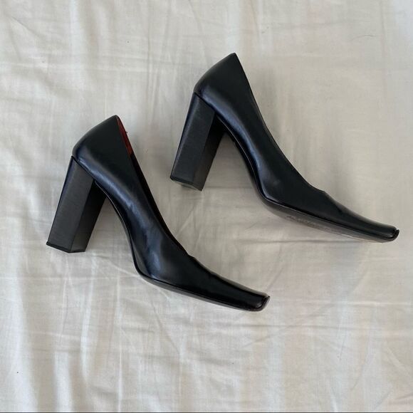 LERRE Black Leather Square Toe Block Heels 35.5 - Picture 10 of 13